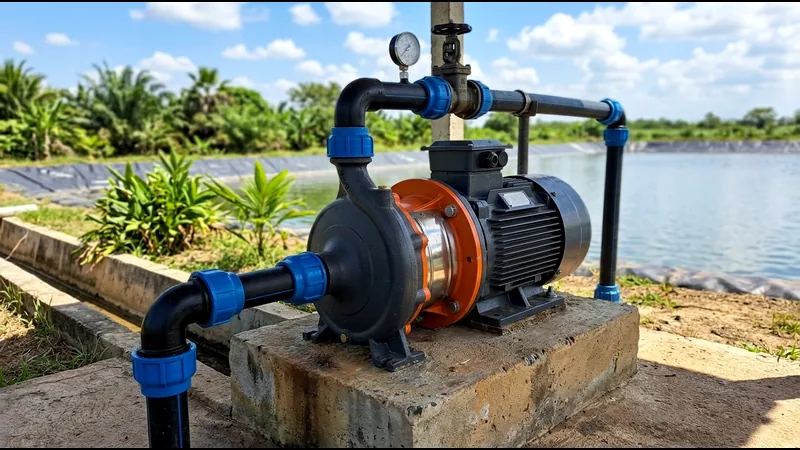 Bomba centrífuga de 15 HP instalada junto a laguna de riego con geomembrana